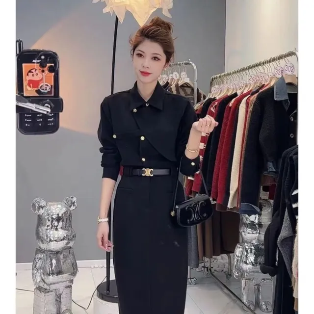 Solid Color Asymmetrical Elegant Lapel Long Sleeved Shirt Black - Shop at LoveMi