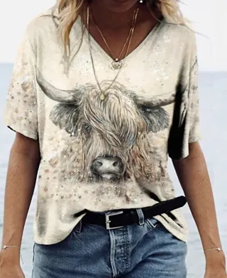 Women's Geometric Printed Short-sleeved Casual V-neck T-shirt - 3V 5Yj7P