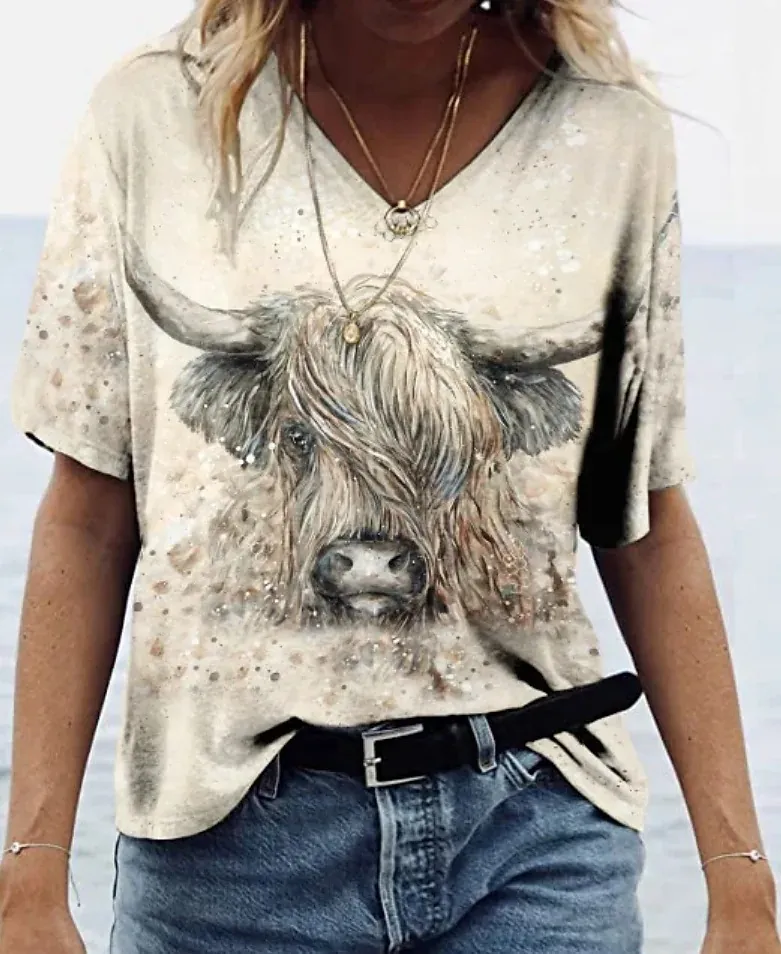 Women's Geometric Printed Short-sleeved Casual V-neck T-shirt - 3V 5Yj7P
