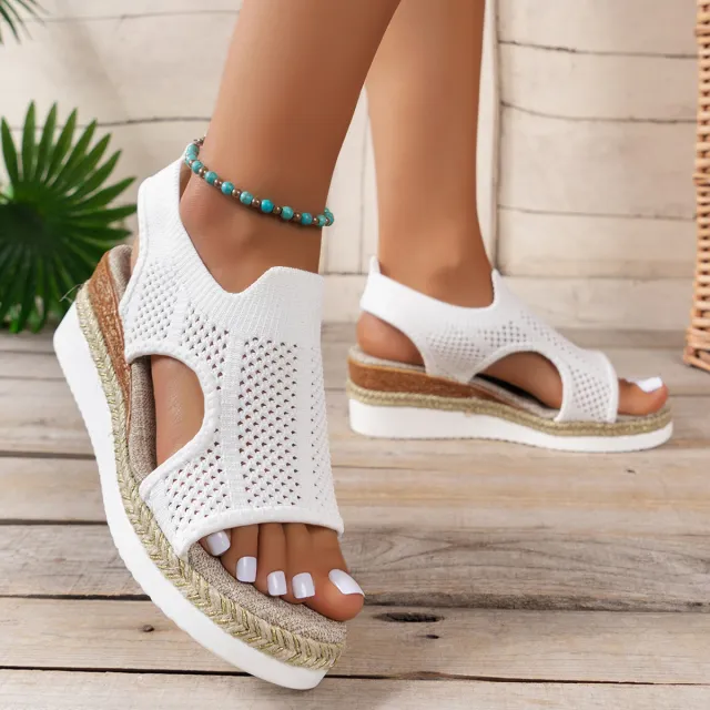 Peep Toe Flying Woven Sandals Women's Wedge Heel White - Shop at LoveMi