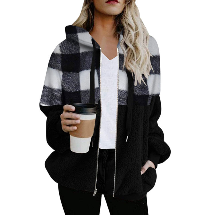 Plaid Color Matching Plush Hooded Sweater Zipper Jacket Black And White Plaid - Shop at LoveMi