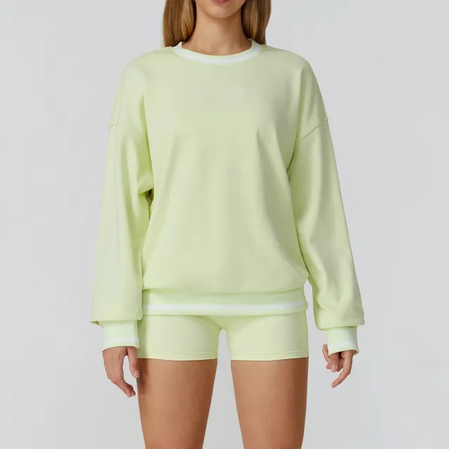 Contrast Color Sweatshirt Long Sleeve Loose Round Neck Fashion Sweater Lemon Green - Shop at LoveMi