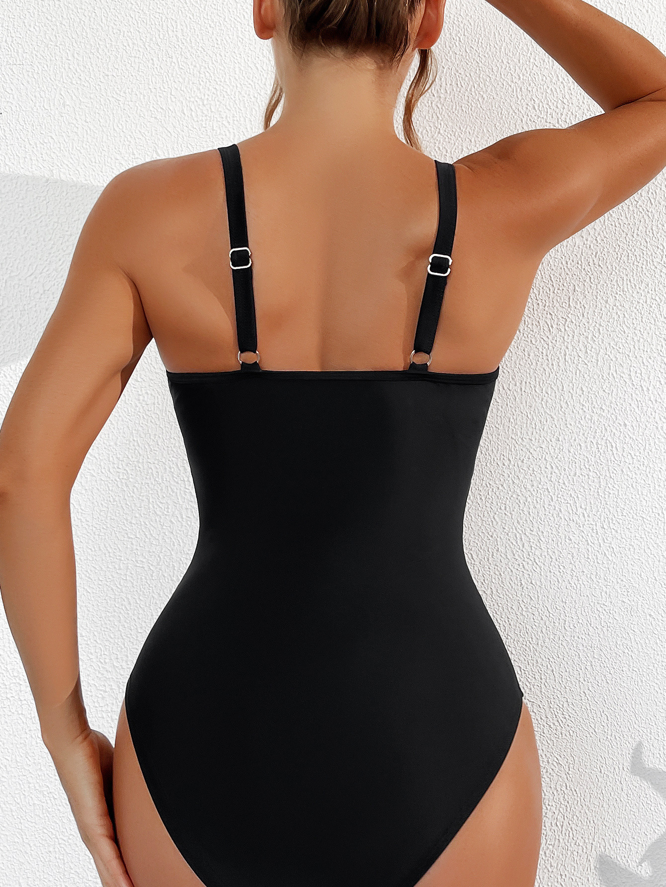 Pure Color Mesh Halter Bikini One-piece Swimsuit - Image 9