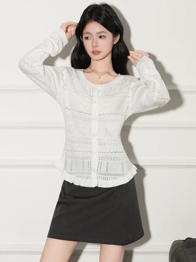 Hollow out Design Long Sleeve Knit Cardigan White - Shop at LoveMi