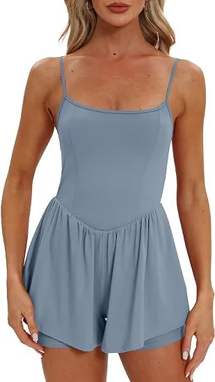 Women's Sleeveless Spaghetti Strap Double Lining Shorts Jumpsuit Blue - Shop at LoveMi