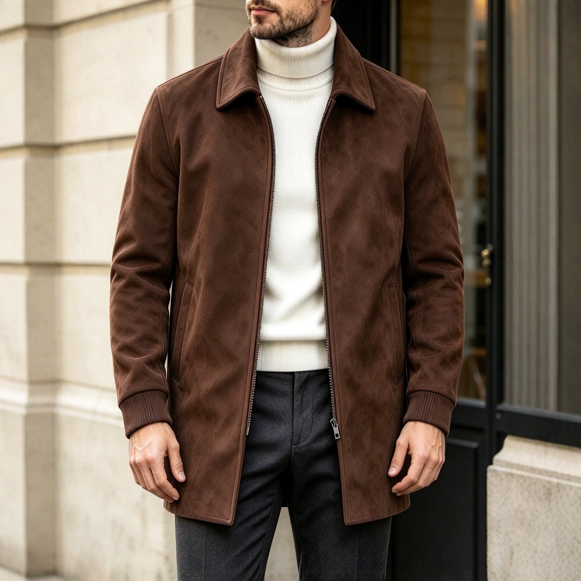 Solid-color Lapel Windproof Coat Casual Mid-length Overcoat