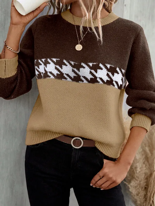 Contrast Color Pullover Round Neck Knitted Sweater Fashion Geometry Pattern Khaki - Shop at LoveMi