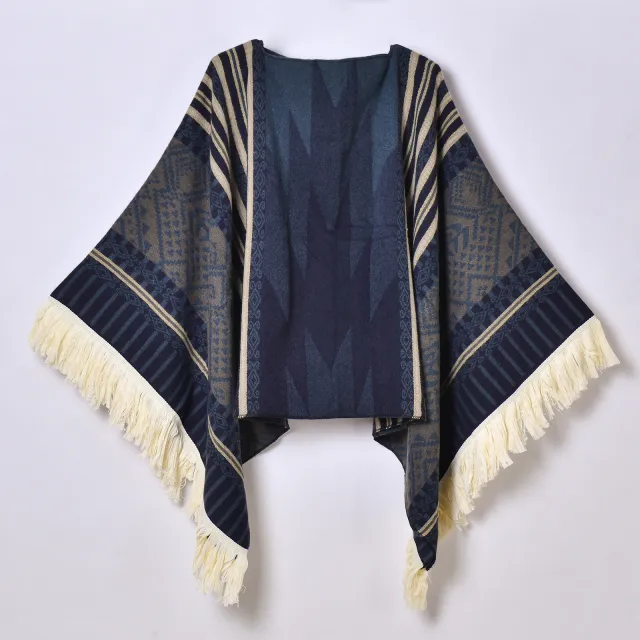 Western Denim Style Men's And Women's Shawl Tassel Pullover Keep Warm Outdoor Large Cloak Blue - Shop at LoveMi