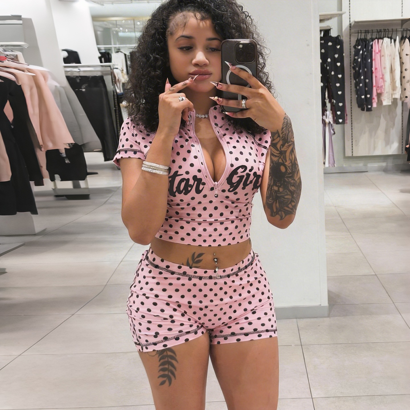 Womens Polka-Dot Print Zippered Crop Top And Shorts Set 6