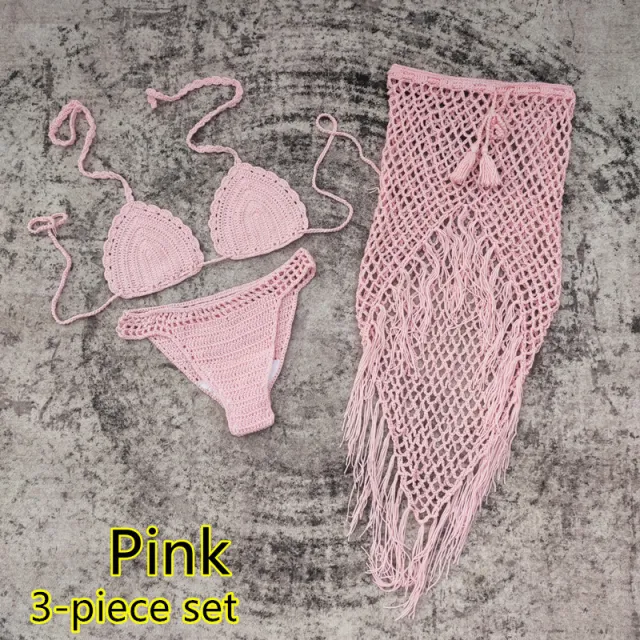 3 piece European And American Handmade Crochet Bikini Beach Skirt Swimsuit Suit Pink - Shop at LoveMi