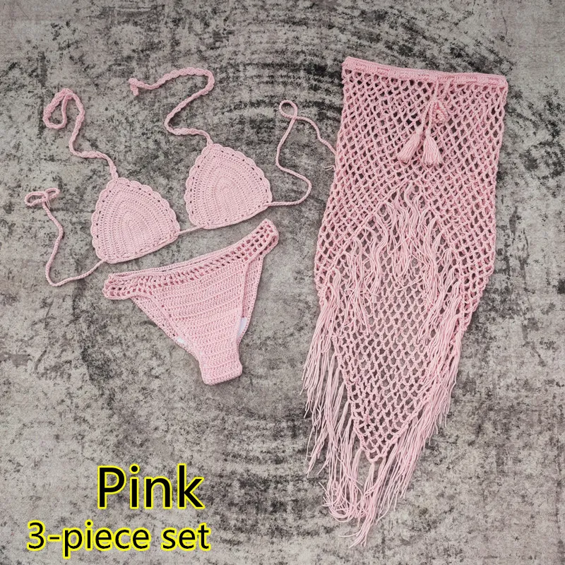 3-piece European And American Handmade Crochet Bikini Beach Skirt Swimsuit Suit - Pink