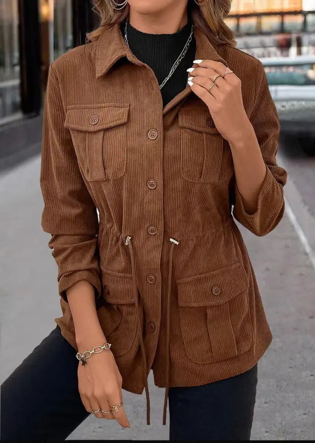 Spring And Autumn Corduroy Jacket Women's Casual Simple Solid Color Polo Collar Dark Brown - Shop at LoveMi
