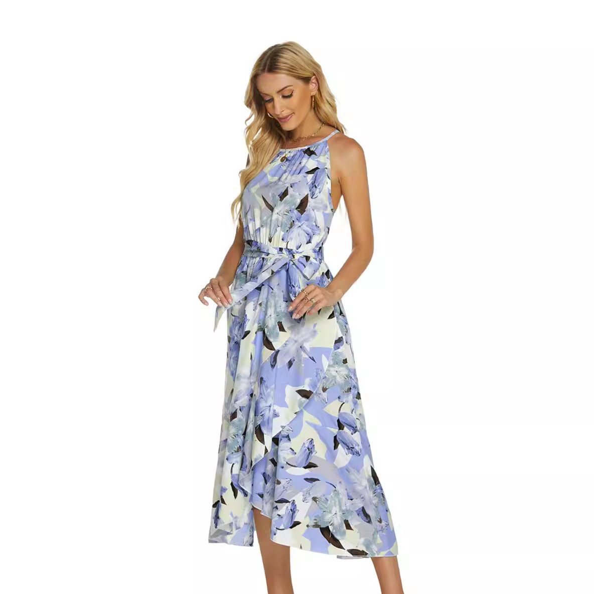 Fashionable Printed Halterneck Sleeveless Lace-Up Dress