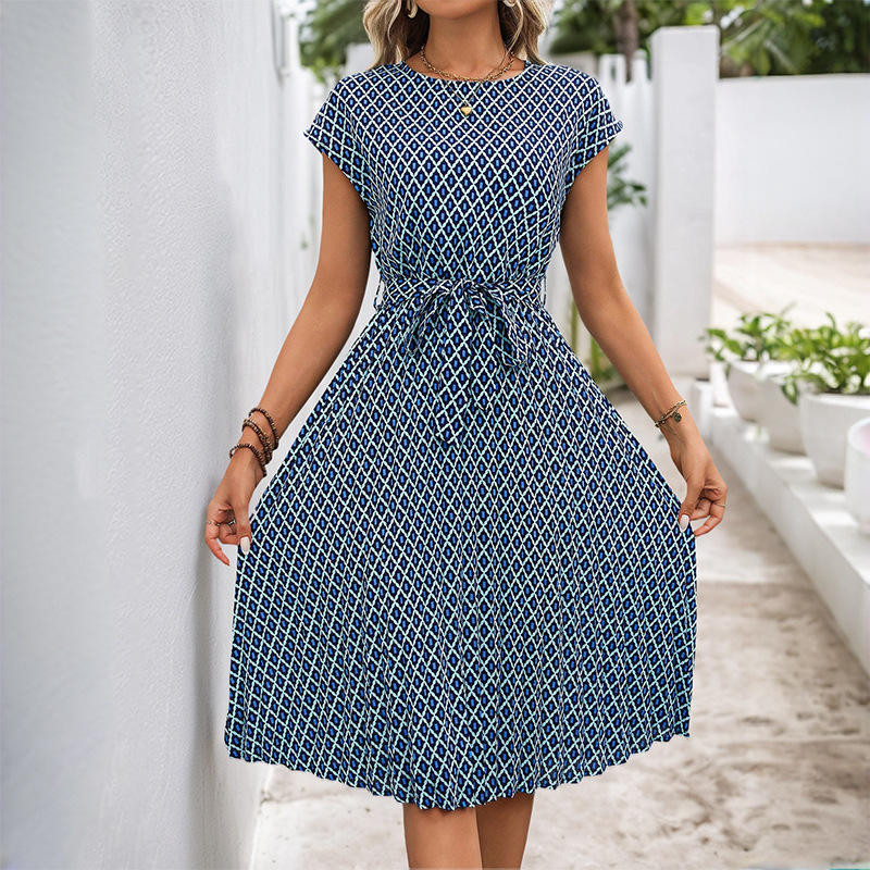 European And American Lace-up Flying Sleeves Printed Round Neck Dress