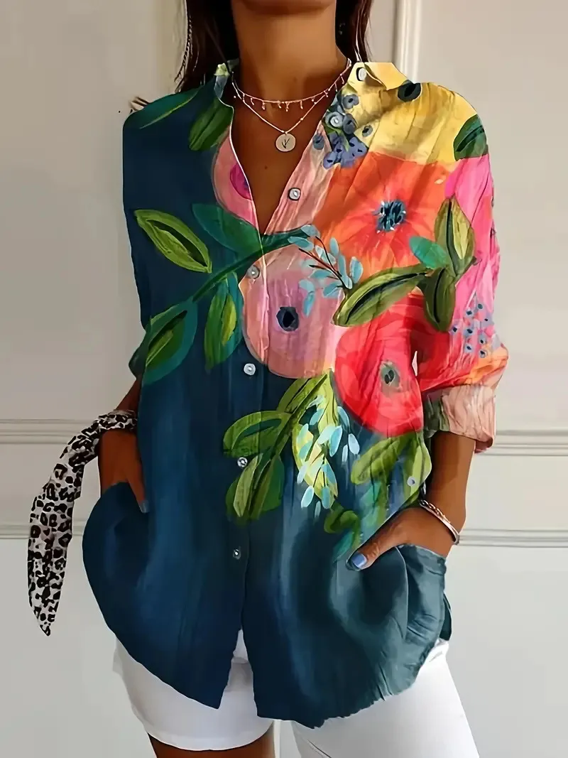 Women's Color Matching Casual Loose Button Digital Printing Shirt - Style03-S
