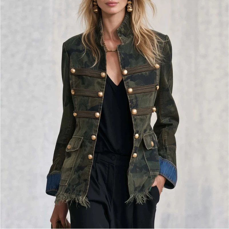 Retro Camouflage Denim Stand-Collar Jacket With Golden Buttons And Raw Hem