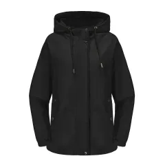 Women's Loose Windproof Jacket Hooded Long Sleeve - Black - View 1