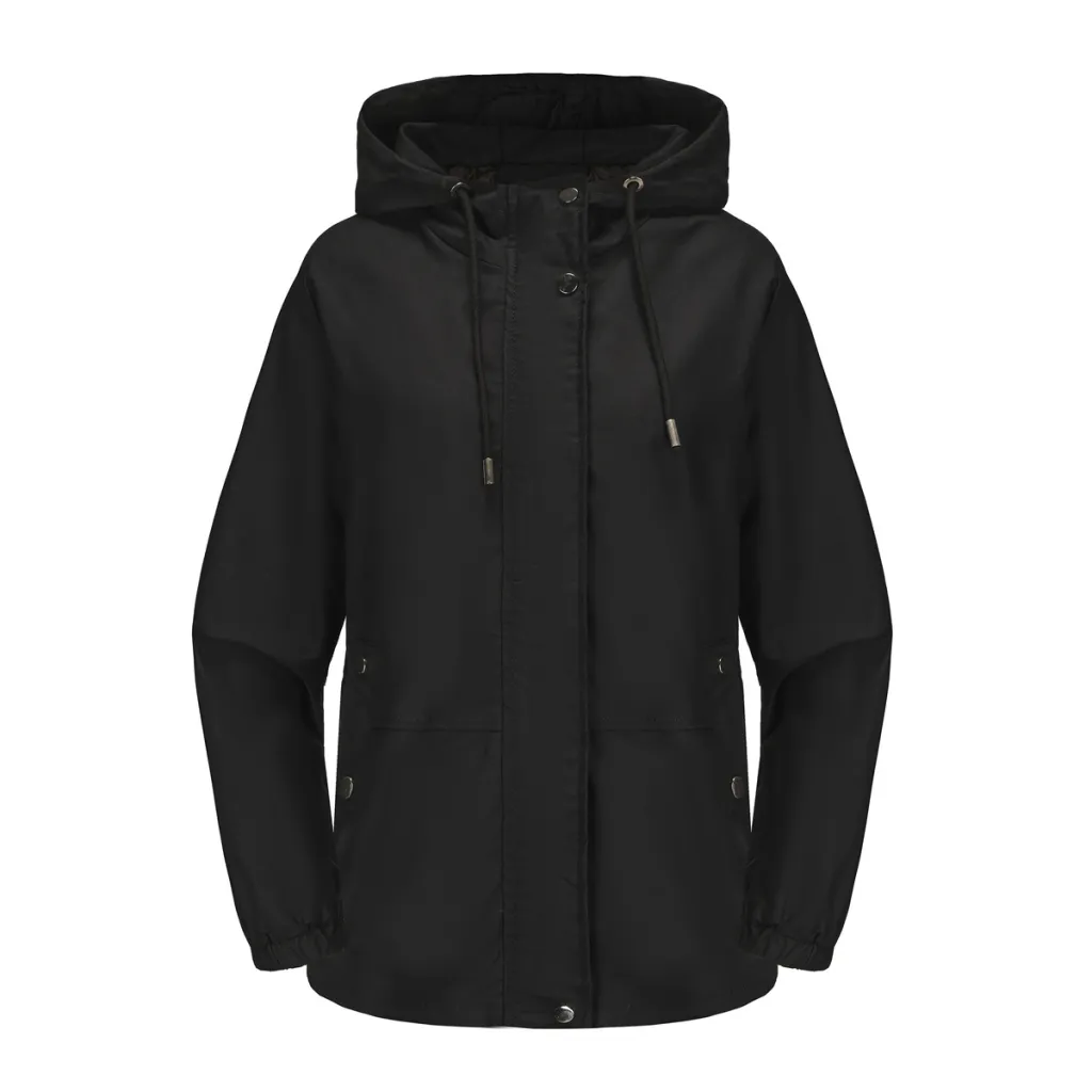 Women's Loose Windproof Jacket Hooded Long Sleeve - Black