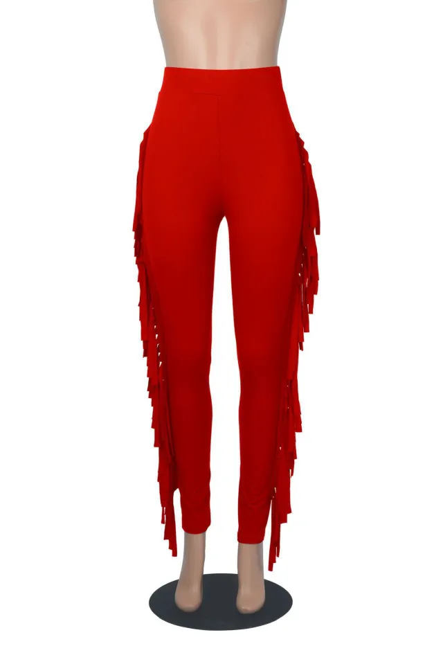 Spring And Autumn New European And American Women's Clothing Tight High Waist Tassel Bandage Pants Red - Shop at LoveMi