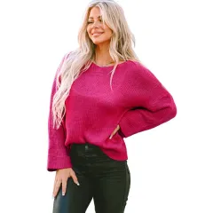 New Solid Color Sweater Women European American Simple Versatile Loose Slim Fit Long Sleeve - Red - View 1