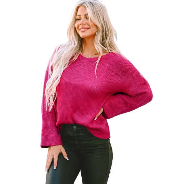 New Solid Color Sweater Women European American Simple Versatile Loose Slim Fit Long Sleeve Red - Shop at LoveMi
