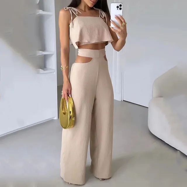 Cross border Solid Color Sling Top Casual Hollow out Trousers Suit Beige - Shop at LoveMi
