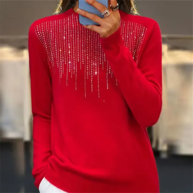 Women's Pullover Sweater Half high Collar With Diamonds Red - Shop at LoveMi