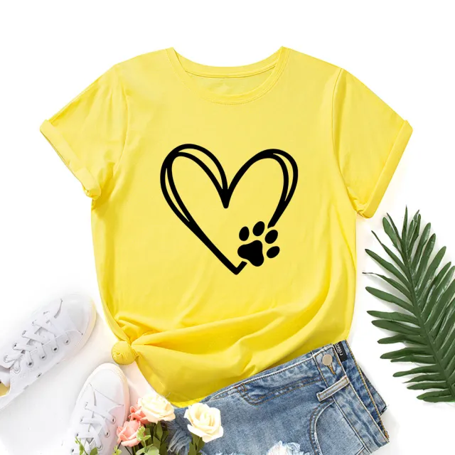 Women's Loose Round Neck Short Sleeve T shirt With Heart shaped Palm Print Yellow - Shop at LoveMi