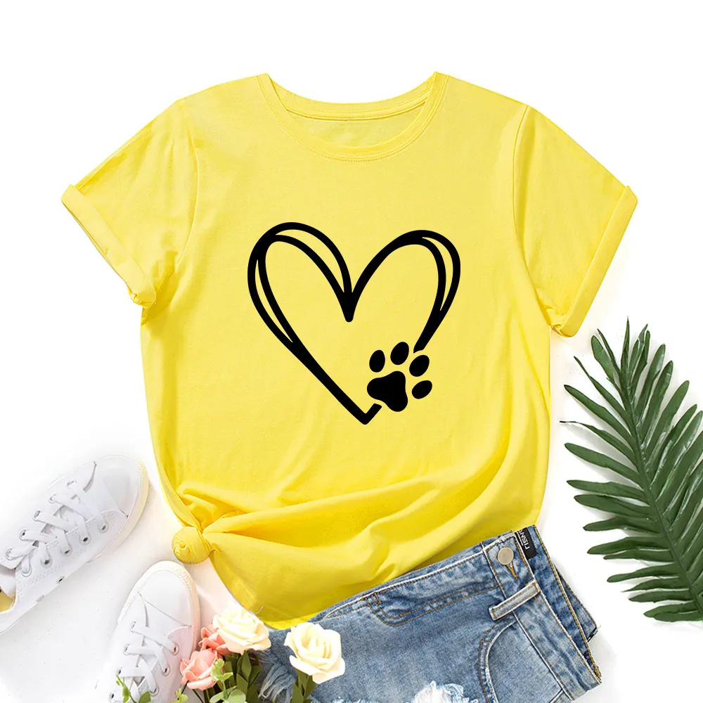Women's Loose Round Neck Short Sleeve T-shirt With Heart-shaped Palm Print - Yellow