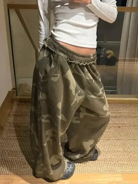 American-style Chic Camouflage Wide-leg Pants For Women Autumnwinter