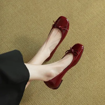 French Style Vintage Bow Patent Leather Flat Shoes Wine - Shop at LoveMi