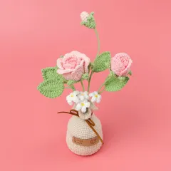 Finished Handmade Wool Woven Home Decoration Tulip Potted Plant - Two Pink Roses - View 1