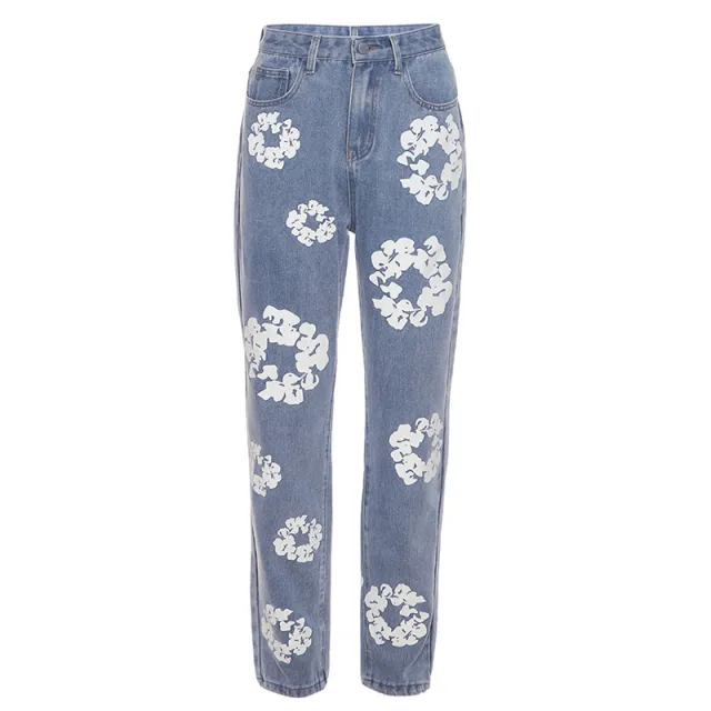 Fashionable Printed High Waist Straight Jeans For Women Blue - Shop at LoveMi
