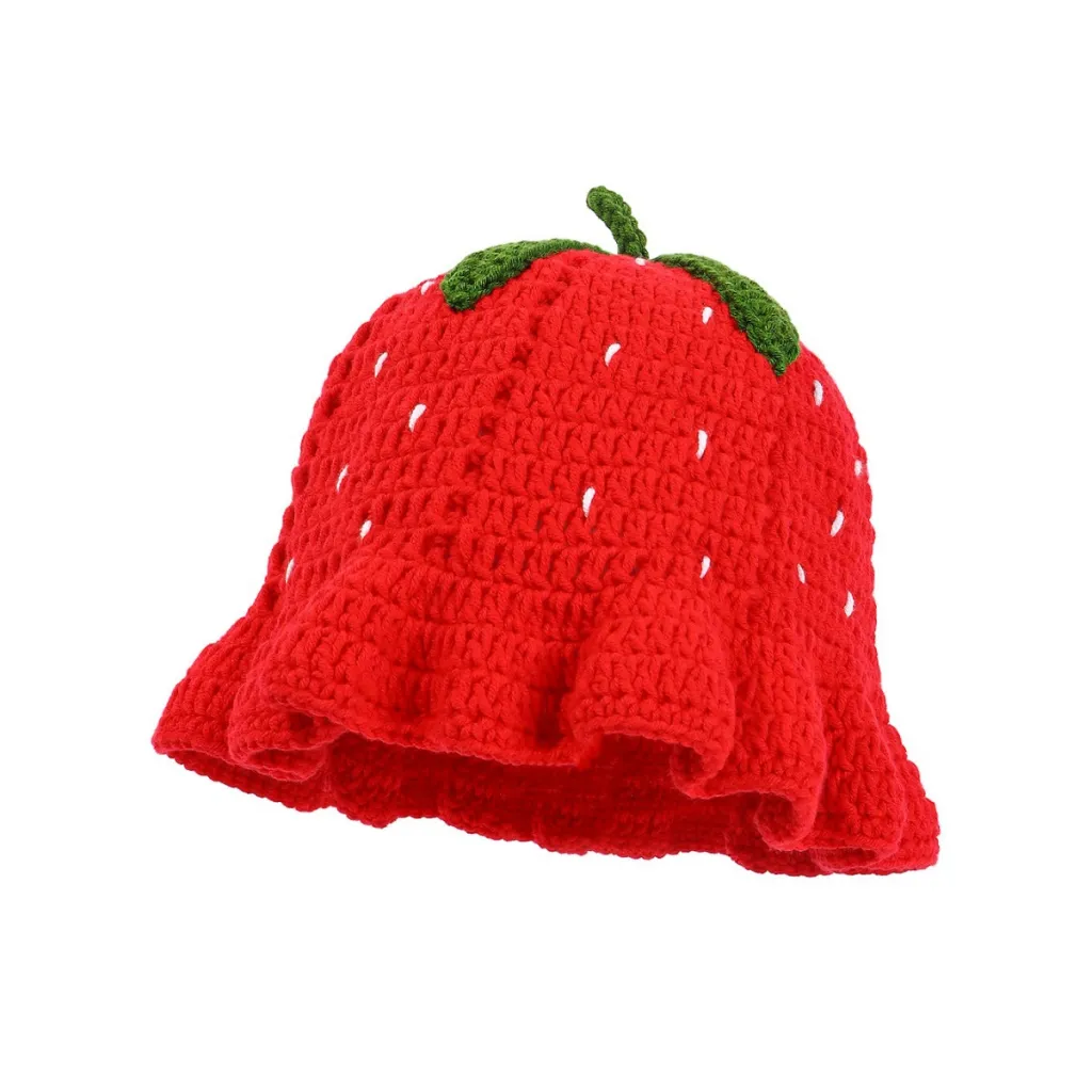 Hand Crocheted Knitted Woolen Cap Warm Fisherman Hat - Red