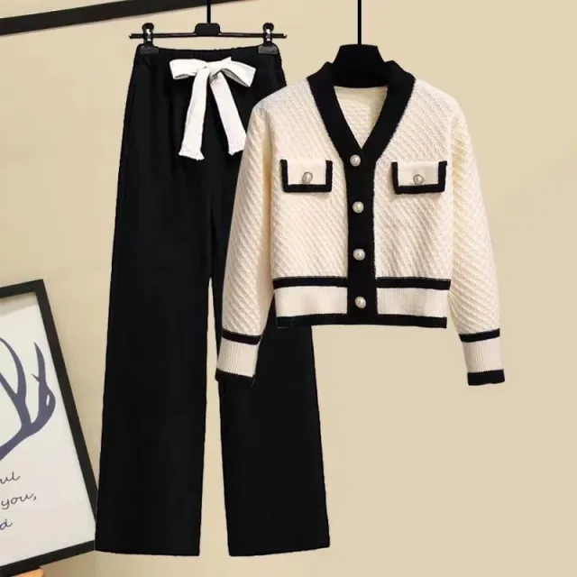 Western Style Youthful looking Preppy Style Sweater Women's Casual Pants Two piece Set Beige Suit - Shop at LoveMi