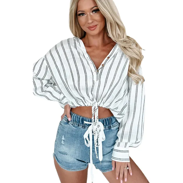 Striped Long Sleeve Waist tied Loose Top White - Shop at LoveMi