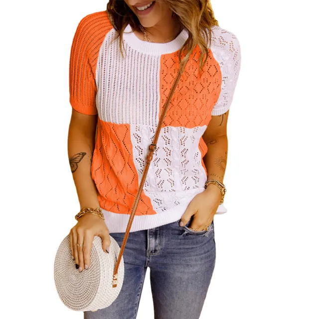 Fashion European American Summer New Color Block Knitted Short Sleeve T shirt Top Knitwear Orange - Shop at LoveMi