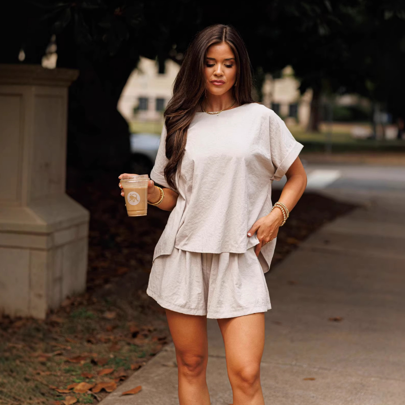 Solid-color Crew-neck Short-sleeve Shorts Two-piece Set