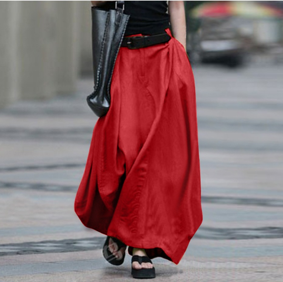 Women's High-Waist Flared Maxi Skirt in Army Green – solid color cotton linen pockets