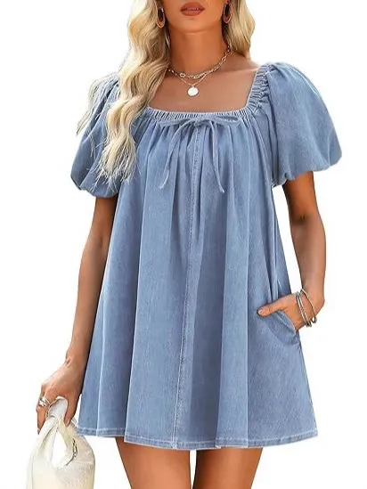 Square Collar Puff Sleeve Lace up Elegant Denim Dress Light Blue - Shop at LoveMi