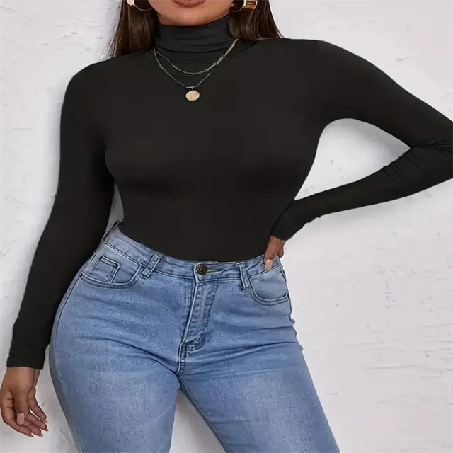 European And American Solid Color Turtleneck Casual Long sleeved Top Black - Shop at LoveMi
