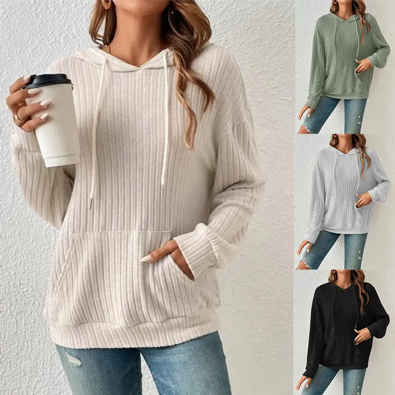 Fashion Drawstring Long-sleeved Hooded Sweatshirt with Pockets Solid Sunken