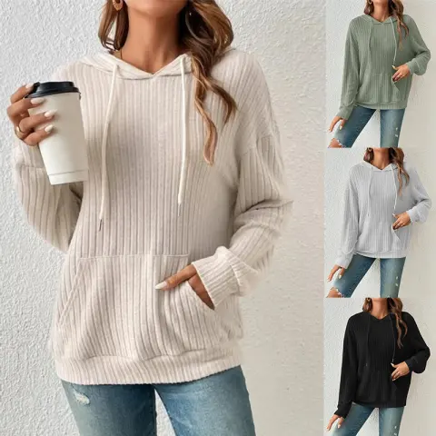 Fashion Drawstring Long-sleeved Hooded Sweatshirt with Pockets Solid Sunken