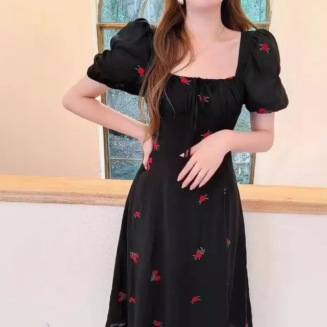 Mori Style French Dress Stunning Black Square Collar Floral Dress Black - Shop at LoveMi