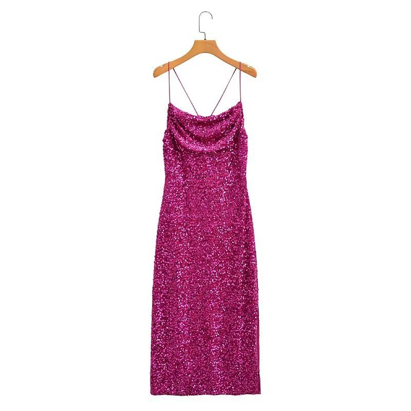 Women's Fashion Stylish Sequin Strap Long Slim Dress Rose Red - Shop at LoveMi