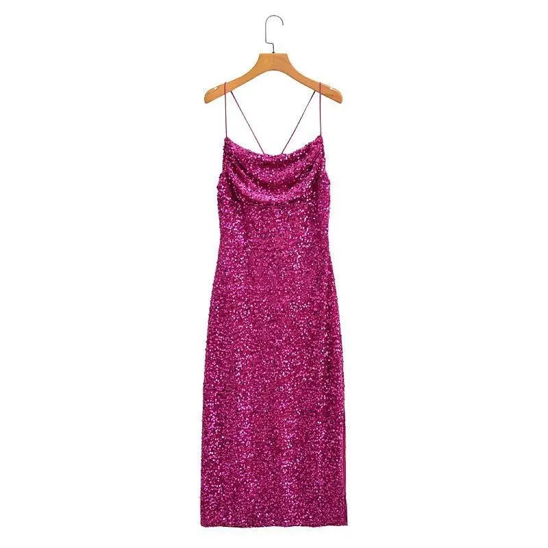 Women's Fashion Stylish Sequin Strap Long Slim Dress - Rose Red