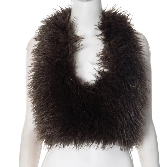 Vest Fashion Bare Back Fur Collar Halter Top Brown - Shop at LoveMi