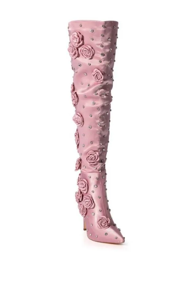 Silk Cloth Rivet Rose Over the knee Boots Pink - Shop at LoveMi