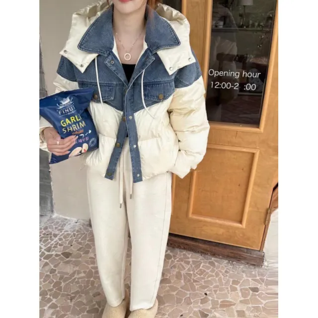 Winter Denim Stitching Hooded Down Jacket Short Loose And Warm White Duck Down Coat Creamy White - Shop at LoveMi