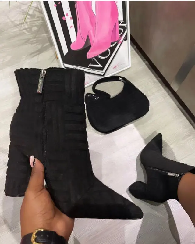 European And American Leisure Chunky Heel High Heel Pointed Boots Solid Color Towels Fabric Black - Shop at LoveMi